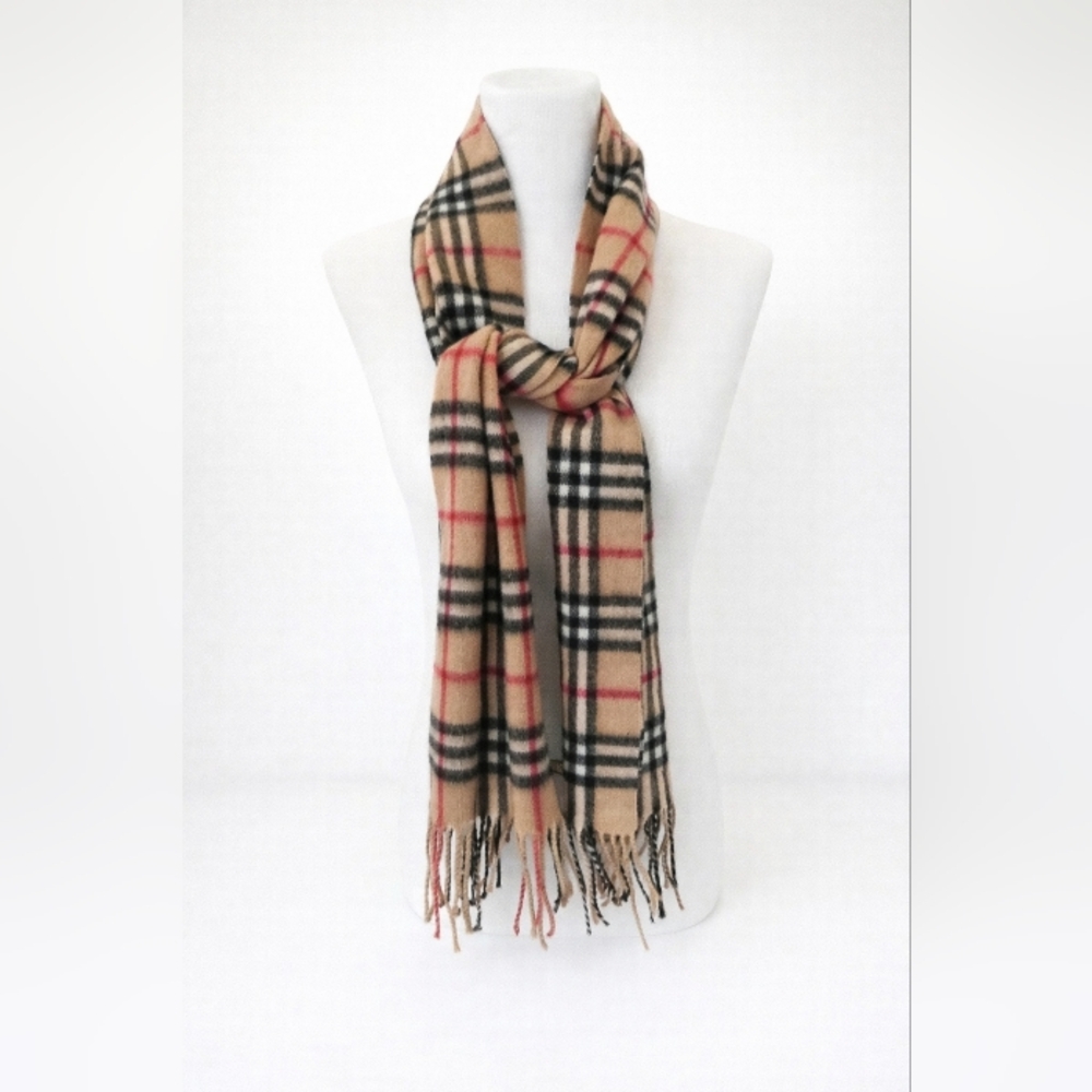Authentic Burberry London 100% Cashmere Nova Checkered Scarf in Tan, Red, Black - Picture 3 of 4